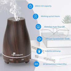 Diffuserlove Essential Oil Diffusers 200ML, Remote Control Aromatherapy Diffuser with 7 Color Lights, Auto Shut-Off for Bedroom Office Kitchen (Black Wood Grain)