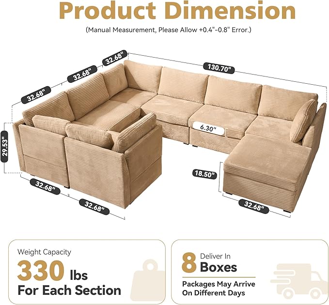 Large 8 Seat Modular Sectional Sofa with Ottoman Seat Corduroy Sleeper Sectional Sofa Bed Oversized Convertible Modular Couch for Living Room