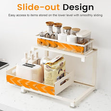 2 Pack Under Sink Organizer, Heavy Duty Metal Slide Out Sink Shelf Organizer Height Adjustable, Multi-Purpose Storage Shelf for Kitchen Bathroom (Sand,2Pack)