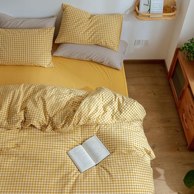 VM VOUGEMARKET Yellow Gingham Duvet Cover Set Queen 3 Pieces Plaid Duvet Cover with Zipper Ties 2 Pillowcases 100% Washed Cotton Modern Luxury Bedding Set (Queen,90"x90")
