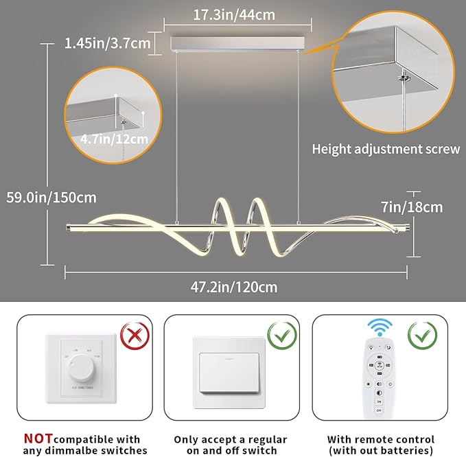 Modern Pendant Light Kitchen Island 47in Dimmable Hanging Lamp 3000k-6000K Adjustable Warm/Nautral/White with Remote Control, Kitchen Island Lighting Chrome Silver