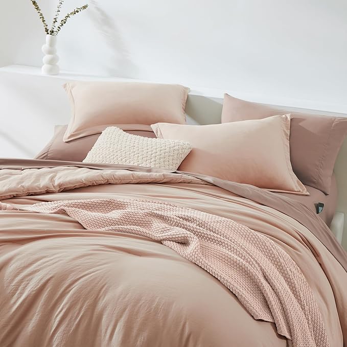 WRENSONGE Full Size Comforter Set- 7 Pieces Clay Pink Bed in a Bag Full Size Comforter with Fitted Sheet, Flat Sheet, 2 Pillow Shams, 2 Pillowcases, Warm Bedding Sets for All Season