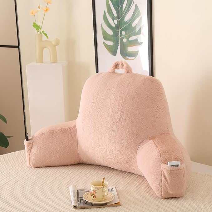 Reading Pillow for Sitting in Bed, Large Backrest Reading Pillow with Arm Rest,Back-Rest Support Cushion for Sit Up on Couch, Sofa, and Floor, Dorm Essentials (Shell Pink Faux Fur, Large(19"))