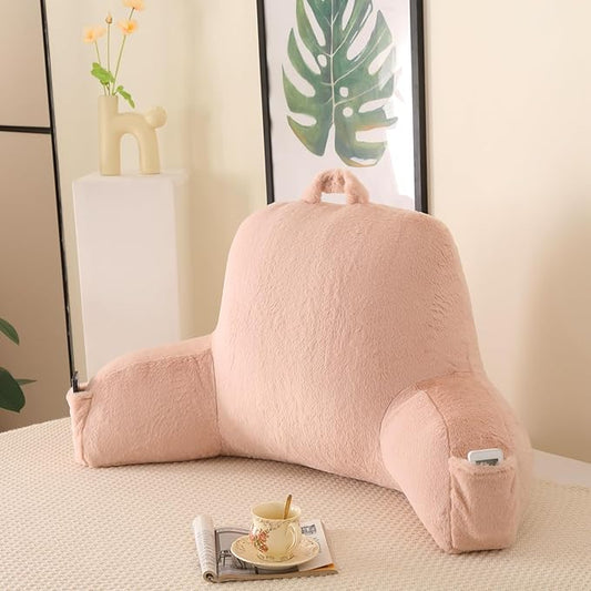 Reading Pillow for Sitting in Bed, Large Backrest Reading Pillow with Arm Rest,Back-Rest Support Cushion for Sit Up on Couch, Sofa, and Floor, Dorm Essentials (Shell Pink Faux Fur, Large(19"))