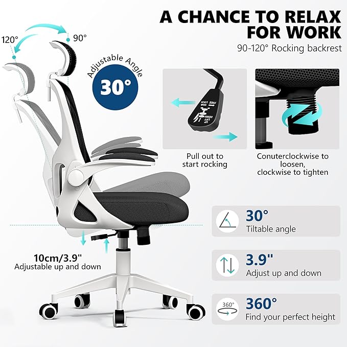 Ergonomic Office Chair - High Back Mesh Computer Desk Chair with Adjustable Lumbar Support & Headrest, Flip-Up Armrests, Tilt Function - Perfect for Gaming, Work, and Study -White