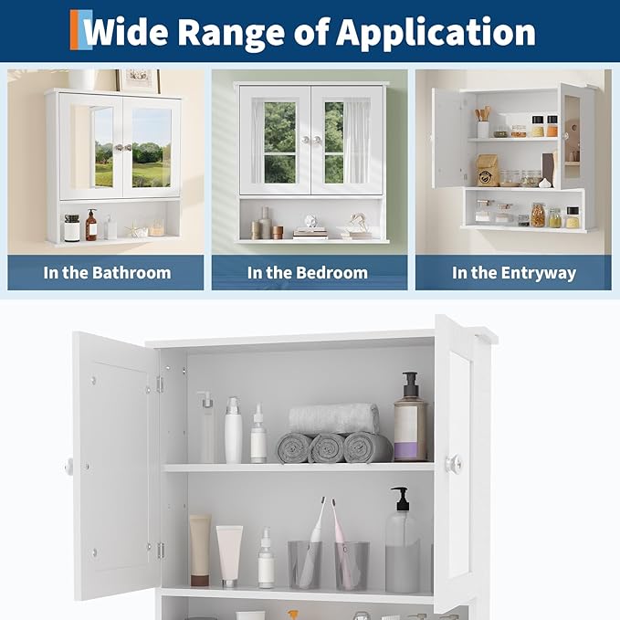 22.2 Inch Mirrored Medicine Cabinet for Bathroom, Over Toilet Wall-Mounted Storage Cabinet with Adjustable Shelf, Waterproof MDF Cabinet for Bathroom Organization