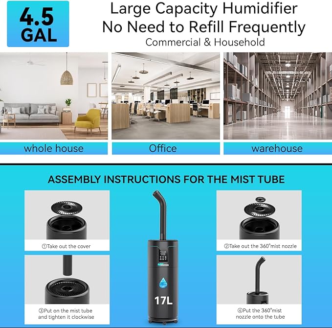 Humidifiers for Large Room Home Bedroom 2000 sq.ft. 17L/4.5Gal Large Humidifier with Extension Tube & 4 Speed Mist,Top Fill Wholehouse Humidifier with 360°Nozzle for Plant Commercial Greenhouse(Black)