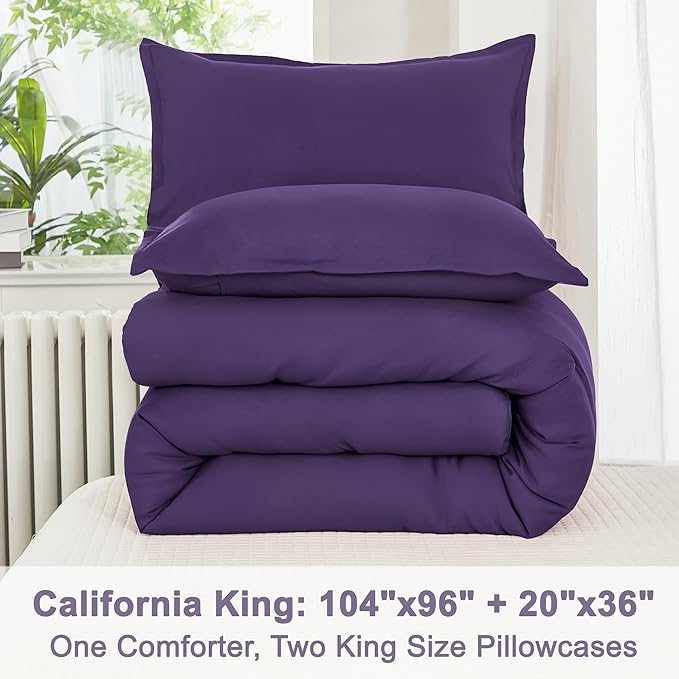 Litanika Comforter Set, Lightweight Solid Bedding Comforter Set, Fluffy Down Alternative Bed Set, Purple, California King