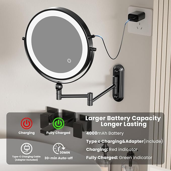 Rocollos 9-Inch Large Makeup Mirror with 30X Magnification, Rechargeable Wall Mounted Vanity Mirror with Lights, 3 Color Dimmable LED, Touch Screen & Retractable Arm-Black (9INCH-Black)