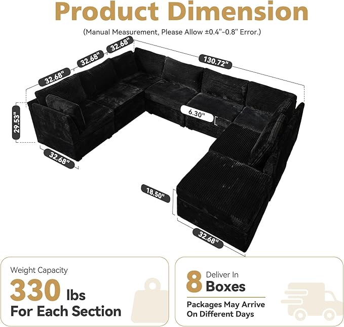Large 8 Seat Modular Sectional Sofa with Ottoman Seat Corduroy Sleeper Sectional Sofa Bed Oversized Convertible Modular Couch for Living Room