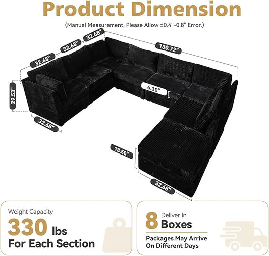 Large 8 Seat Modular Sectional Sofa with Ottoman Seat Corduroy Sleeper Sectional Sofa Bed Oversized Convertible Modular Couch for Living Room