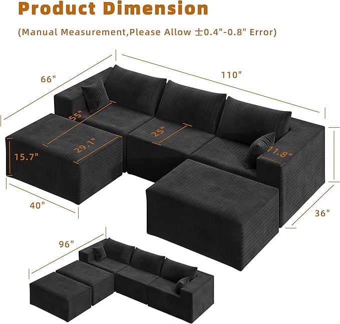 110" Cloud Couch Sectional for Living Room U-Shape Boneless Couches Modular Sectional Sofa with Deep Seat with Chaise,No Assembly Required, Carbon Black(Plush Corduroy Fabric)