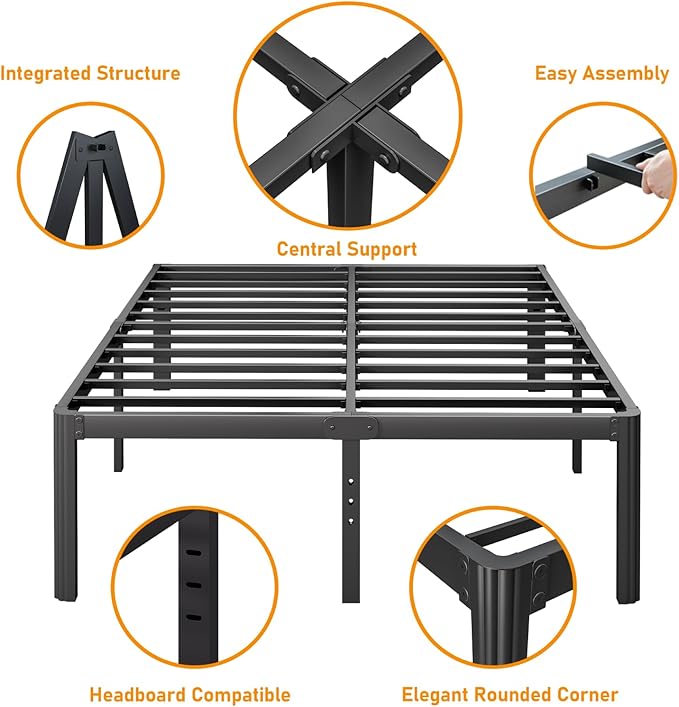 Askeld Bed Frame Full, 16 Inch High Metal Platform Bed with Round Corner Leg, No Box Spring Needed, Heavy Duty Noise-Free Bed Base, Easy Assembly, Black