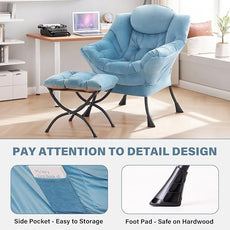 Tiita Lazy Chair with Ottoman, Modern Large Accent Lounge Armchair, Comfy Leisure Sofa Reading Chair with Footrest for Bedroom, Living Room, Dorm Rooms, Garden and Courtyard, Velvet Light Blue