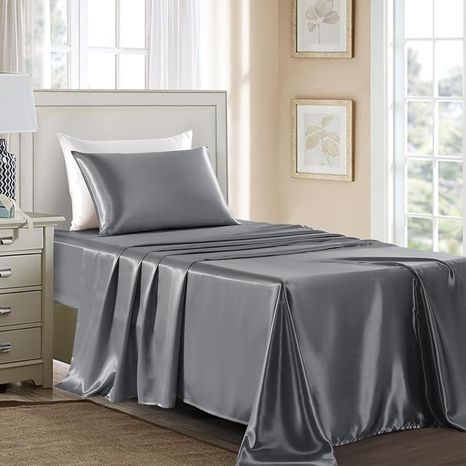 Satin Sheets Twin XL Size - 3 Pieces Luxury Silky Soft Bed Sheets, Wrinkle-Free Dark Grey Satin Silk Sheet Set with 1 Deep Pocket Fitted Sheet, 1 Flat Sheet, 1 Pillow case