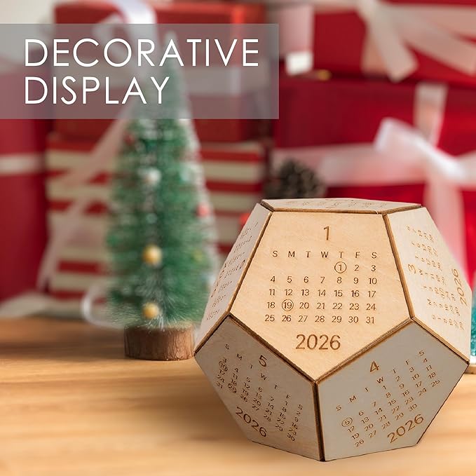 2026 Desk Calendar Wood Dodecahedron, DnD Gifts for Men, Funny Office Gifts for Coworkers, Unique Mens Desk Accessories, New Year Gift Ideas for Boss Male, Employee, White Elephant Exchange