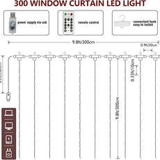 HOME LIGHTING Window Curtain String Lights, 300 LED 8 Lighting Modes Fairy Copper Light with Remote, USB Powered for Christmas Party Wedding Home Decorations (Warm White)