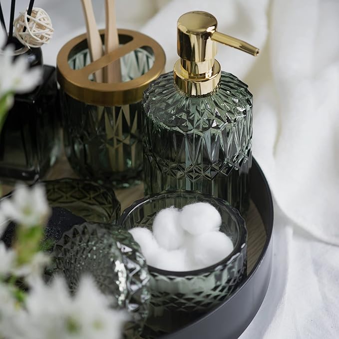 EMPO 6PCS Bathroom Clear Glass Accessories Set (Lotion Soap Dispenser, Soap Dish, Toothbrush Holder, Tumbler, Cotton Swab Jar), Contemporary Modern Decor Crystal Vintage Gift (6pcs Green)
