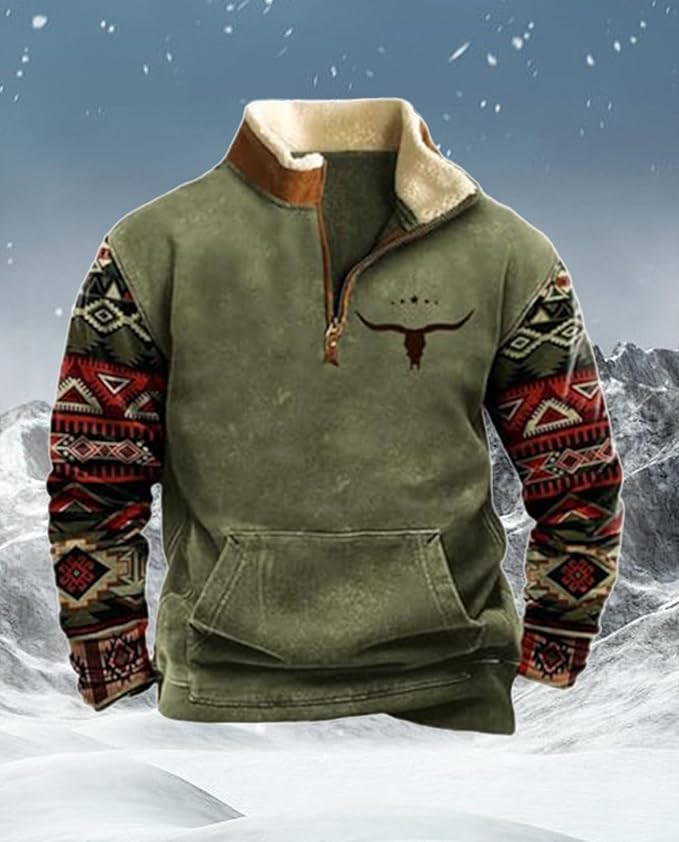 Western Sweatshirts for Men Aztec Cowboy Vintage Graphic Fleece Hoodie Mens Quarter Zip Pullover Country Jacket