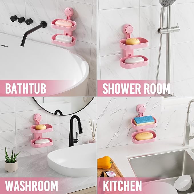 TAILI Double Layer Soap Dish Holder Suction Cup, Strong Sponge Holder for Shower, No Tools Soap Saver for Bathroom, Tub and Kitchen Sink, Shower Accessories, Drill-Free, Removable, Pink