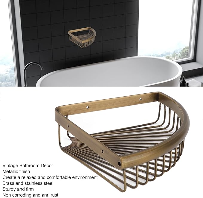 Corner Shower Shelves, Vintage Brass Triangular Corner ShowerCaddy Storage Rack Organizer with Screws for Dorm Toilet Bathroom Kitchen