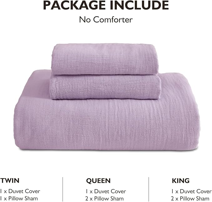 EMME Muslin Cotton Duvet Cover Set Lavender King Size Linen Like Soft Breathable Lightweight Summer Comforter Cover Set with Zipper Closure (Lavender, King, 104"x90")