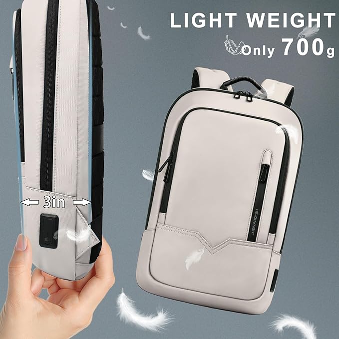 hk Backpack for Men Business Slim Backpack with USB Charger Computer Lightweight Anti-theft Travel (White, 15.6 Inch)