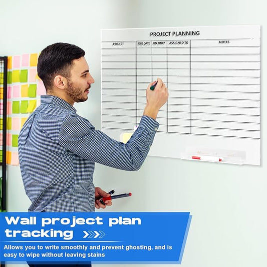 Lincia Acrylic Project Planning Whiteboard, 24 x 18 Inch Clear Wall Schedule Dry Erase Board with 8 Markers and Eraser, Whiteboard Planner with Lines for Home Office Project and Family Organization