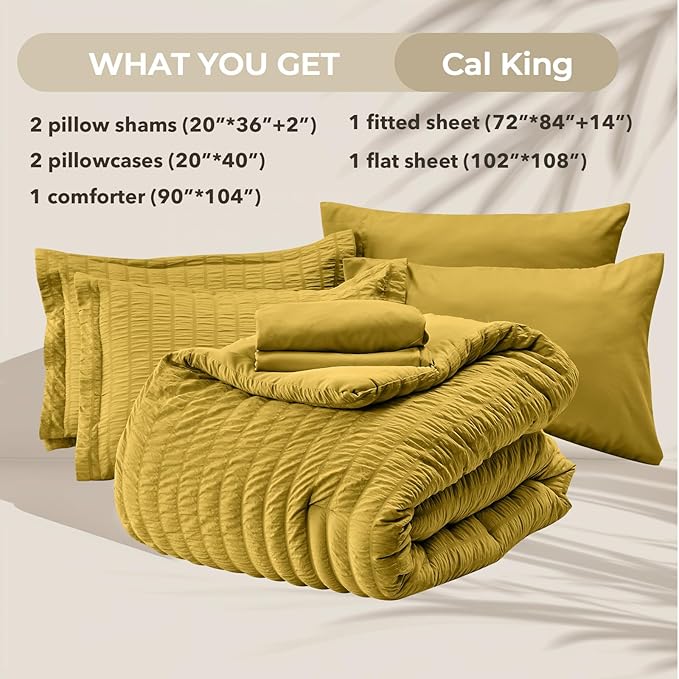 HYMOKEGE Mustard Yellow California King Comforter Set Seersucker 7 Pieces, All Season Luxury Bed in a Bag for Bedroom, Bedding Set with Comforter, Sheets, Pillowcases & Shams