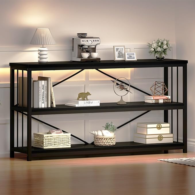 HSH Black Long Bookshelf, Large Wood Wide Horizontal Bookcase Under Window, Modern Long Open Book Shelf for Bedroom Living Room, Industrial Wooden Metal Bookshelves for Home Office, Black Oak, 63 Inch