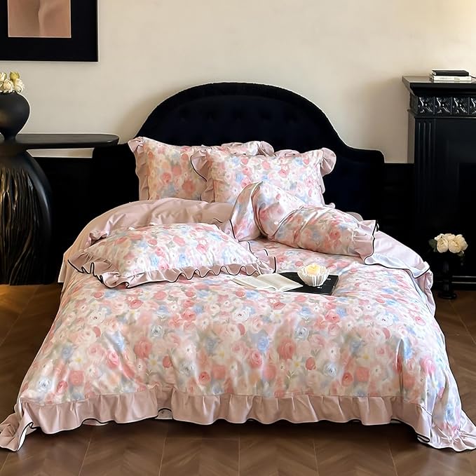 HighBuy Girl Ruffle Duvet Cover Set Twin XL Pink Lace Floral Ruffle Design,Vintage Brushed Cotton Ruffled Bedding Set French Breathable Farmhouse Bedding - 1 Twin XL Duvet Cover 2 Pillowcases