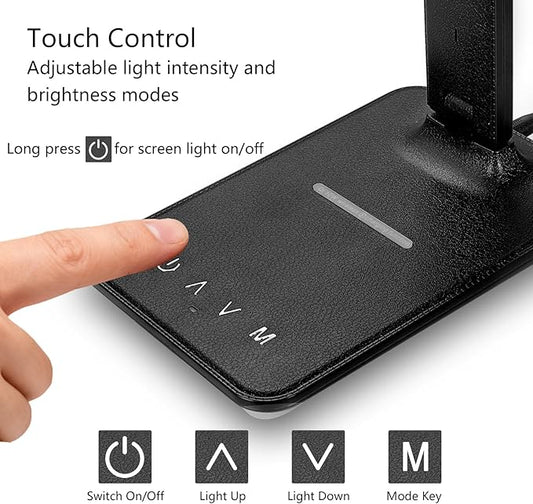 LED Desk Lamp with 10W Wireless Charger & USB Port, Eye-Caring Dimmable Touch Control Lamp with Clock Display, Adjustable Foldable Arm, 5 Brightness & 3 Color Modes for Home Office Study