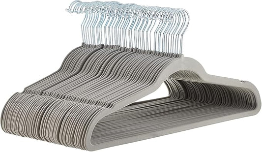 Amazon Basics Slim, Velvet, Non-Slip Suit Clothes Hangers, Gray/Silver - Pack of 50