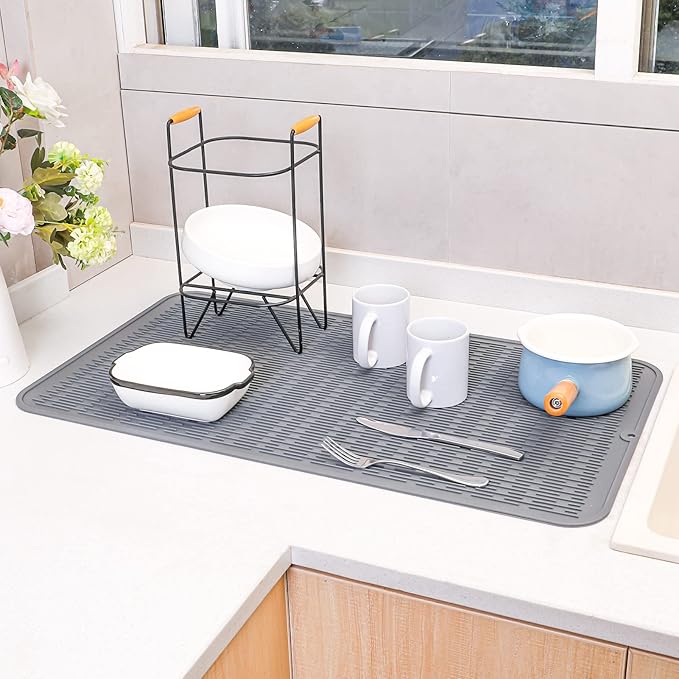 Silicone Dish Drying Mat for Multiple Usage,Easy clean,Eco-friendly,Heat-resistant Silicone Mat for Kitchen Counter or Sink,Refrigerator or Drawer Liner Grey 4XL 32 inches x 18 inches