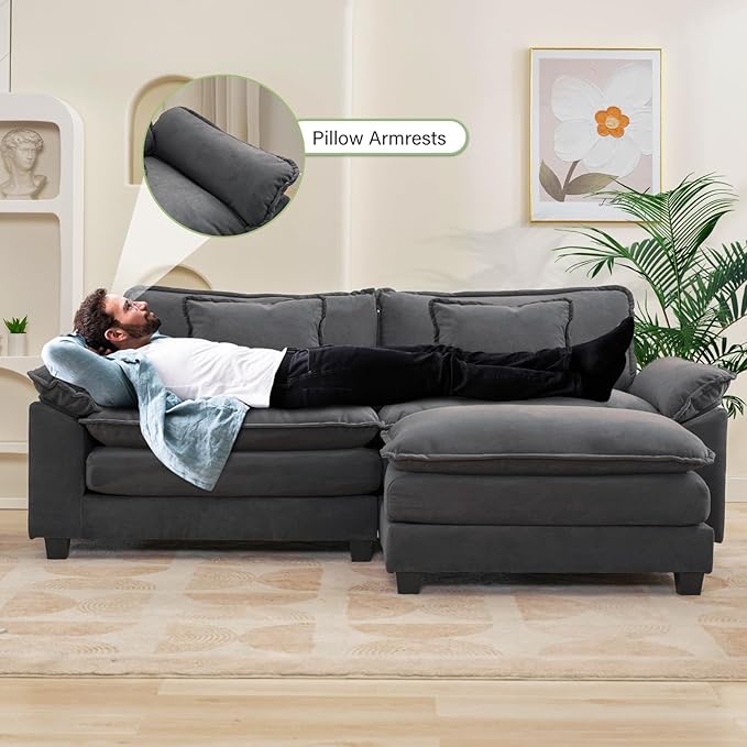 86" Modular Sectional Sofa, Comfy Cloud Couch Sectional Sofa with Ottoman, Velvet Sofa Sleeper Deep Seat Sofa with Throw Pillows for Living Room (Blue Gray, 86"- L Shape)