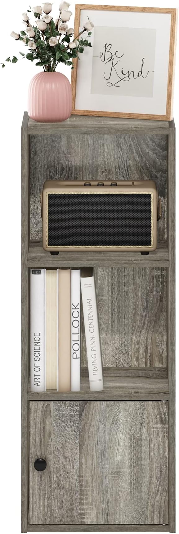 Furinno LUDER Book Shelf, 3-Tier Modern Bookshelf, Bookcase with 1 Door Storage Cabinet, 9.3 x 12 x 31.5, for Living Room, Bedroom, Home Office, French Oak