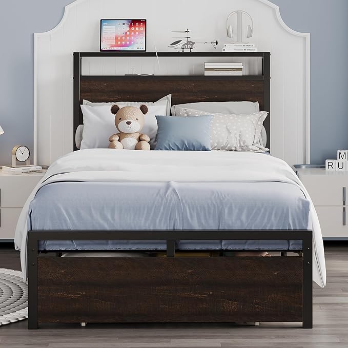 LIKIMIO Twin XL Bed Frames with Drawer, Storage Headboard with Outlets, No Box Spring Needed, Easy Assembly, Dark Brown