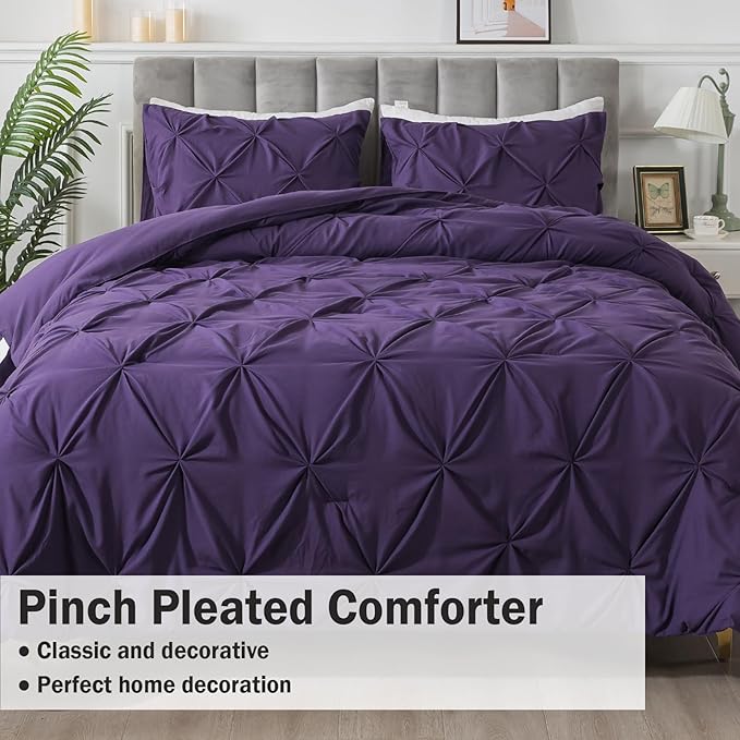 Andency Purple King Size Comforter Set, 3 Pieces Pintuck Lightweight Soft Bedding Comforters & Sets, All Season Microfiber Down Alternative Bed Comforter Set