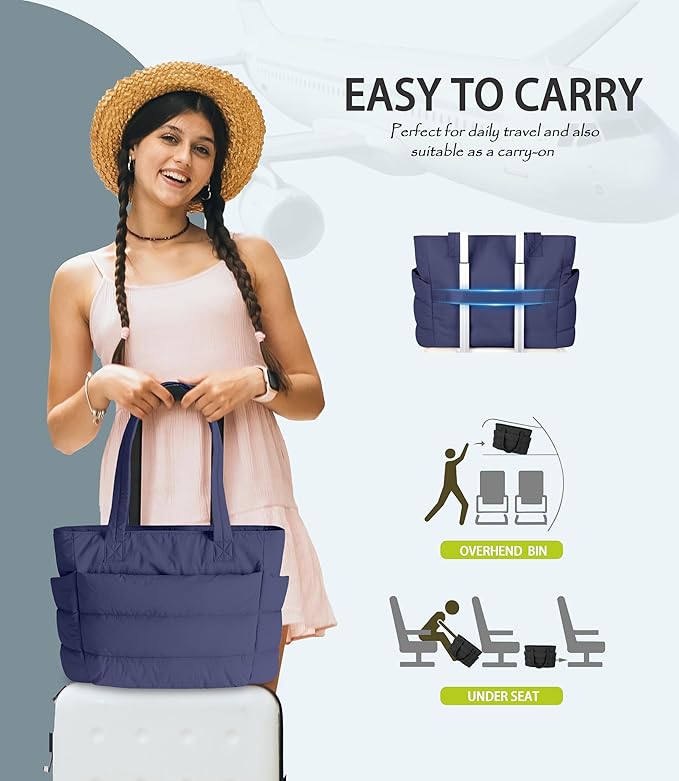 Puffer Tote Bag for Women, Cute Quilted Carryall with Zippered Compartments Shoulder Bag Handbag for Work, Travel, Gym