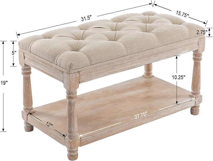 chairus Storage Bench 31.5" W Button Tufted Small Entryway Bench with Wooden Shoes Rack End of Bed Bench with Fabric Linen Upholstered Rectangular Seat for Bedroom Hallway Small Space, Beige