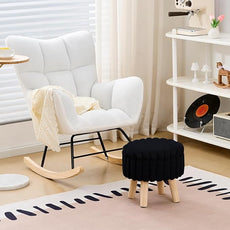 Wimarsbon Storage Ottoman,Soft Faux Fur Footstool with Padded Seat, Small Reading Vanity Chair, Footrest with Wood Tray for Couch, Mini Coffee Table or Display Stand (Black, Round Storage)