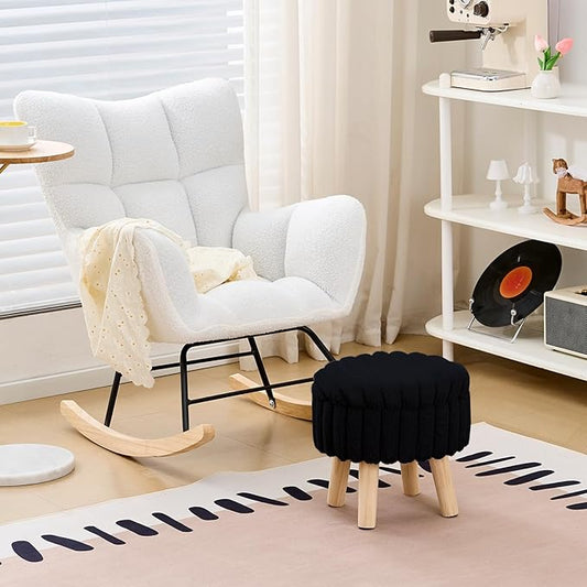 Wimarsbon Storage Ottoman,Soft Faux Fur Footstool with Padded Seat, Small Reading Vanity Chair, Footrest with Wood Tray for Couch, Mini Coffee Table or Display Stand (Black, Round Storage)