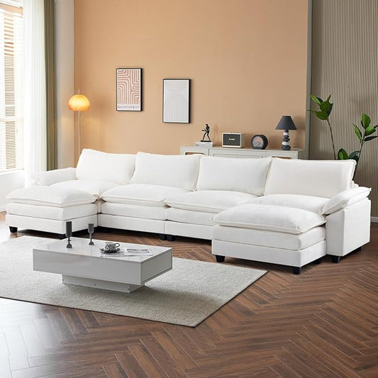VINGLI 157" Cloud White/Cream Convertible Sectional Sofa, Comfy U-Shape Extra Deep Seat Sofa Couch for Living Room,Modern Chenille 4-Seat Convertible Sofa with 2 Movable Ottomans for Small Space