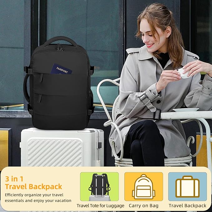 Travel Backpack For Women Men Airline Approved Carry On Backpack, Waterproof Outdoor Sports Rucksack Weekender Overnight College Business Backpack Fits 15.6 Inch Laptop - Black