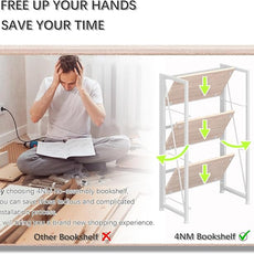 4NM No Assembly Folding Bookshelf Storage Shelves 3 Tiers Vintage Bookcase Standing Racks Study Organizer Home Office (Natural White)