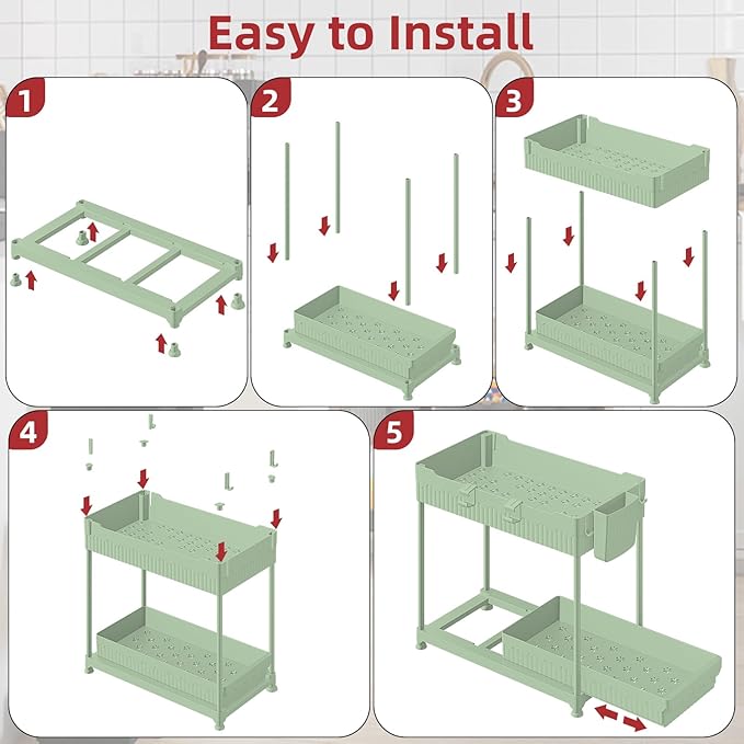 Under Sink Organizer, Bathroom Organizers and Storage, 2 Tier Multi-Use Pull Out Cabinet Organizer with Hang Hooks and Cups (Green, 4 Pack)