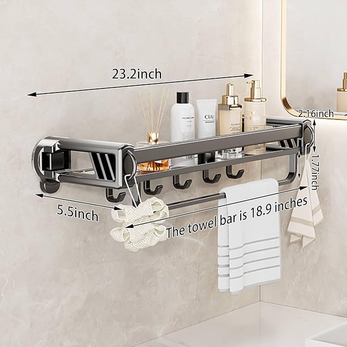 20" Shower Caddy Suction Cup, Concealed Shower Shelves Suction Cup with Hooks & Towel Bar, NO-Drilling Suction Shelf for Bathroom & Kitchen - Gray