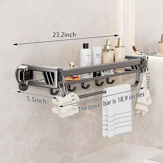 20" Shower Caddy Suction Cup, Concealed Shower Shelves Suction Cup with Hooks & Towel Bar, NO-Drilling Suction Shelf for Bathroom & Kitchen - Gray