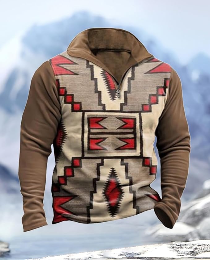 Western Sweatshirts for Men Aztec Cowboy Vintage Graphic Fleece Hoodie Mens Quarter Zip Pullover Country Jacket