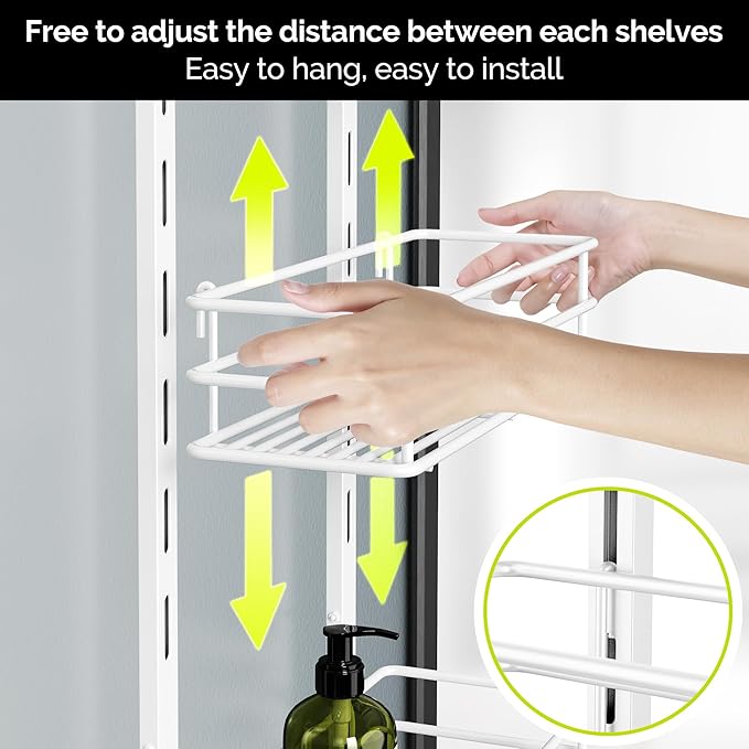 Orimade Over the Door Shower Caddy Adjustable 5 Tier Black,Bathroom Hanging Organizer Shelf Rustproof with 4 Hooks,Shower Basket with Soap Holder and Suction Cup, White